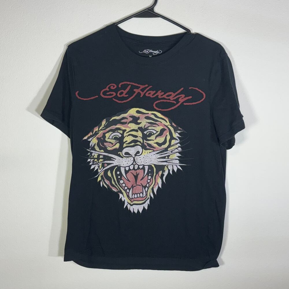 Ed Hardy Tiger Graphic T-Shirt Black Short Sleeve Men's Medium Y2K Tattoo